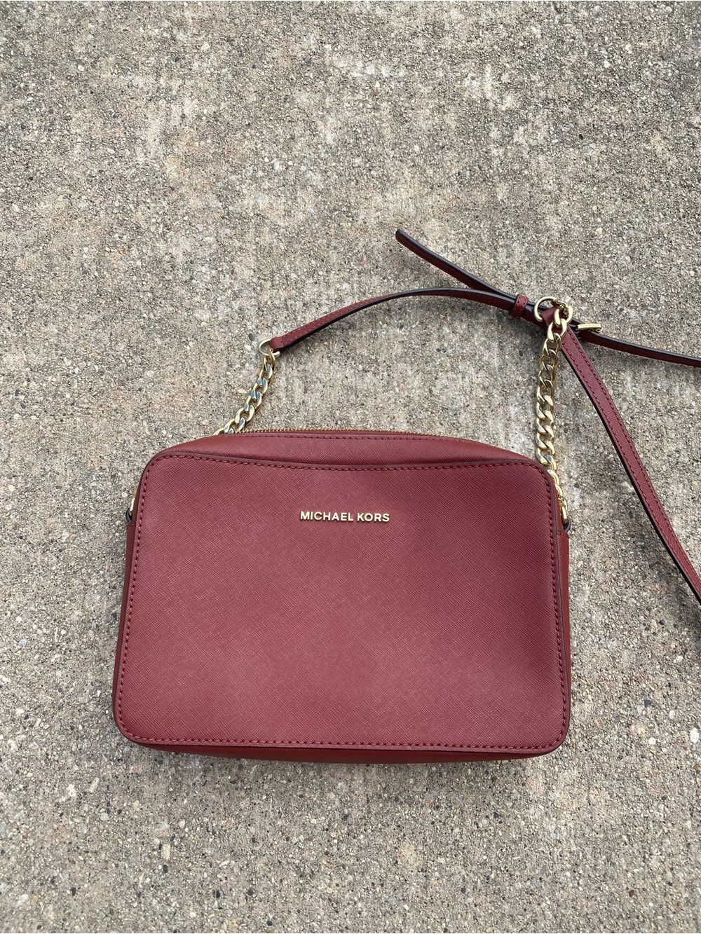 Michael Kors Maroon Saffiano Crossbody Bag with Gold Chain